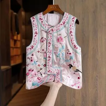 Женский ретро кардиган без рукавов: Китайский стиль с обильной вышивкой и застежкой-лягушкой - Универсальный весенне-осенний жилет XL