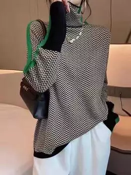 Женский ретро-кашемировый свитер — свободный крой, высокий ворот, контрастный цвет, осень/зима Large оранжевый