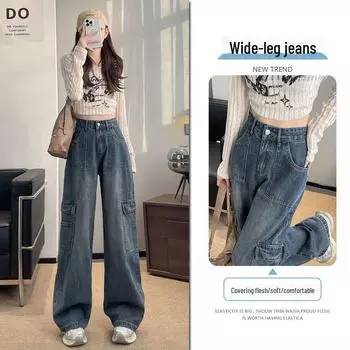 Женский ретро-комбинезон из денима с высокой талией и широкими штанинами - Осенняя коллекция Vintage trousers, L синий