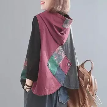 Женский ретро корейский осенний джинсовый жилет – с капюшоном, большой размер, антивозрастной дизайн в стиле пэчворк S (90-100 jin)