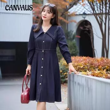 Женский ретро-костюм больших размеров с длинными рукавами, новое осеннее платье 2XL темно-синий