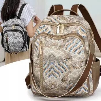 Женский ретро многоцелевой рюкзак большой емкости рюкзак с принтом дорожная сумка через плечо чёрный