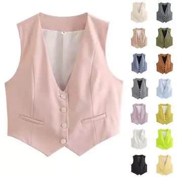 Женский ретро однотонный карамельный цвет V-образный вырез короткий жилет костюм L армия зеленый