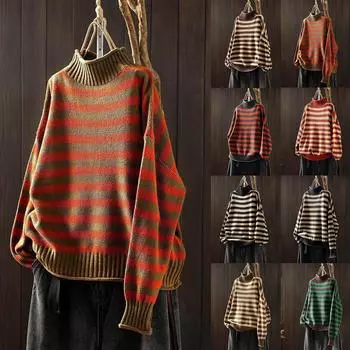 Женский ретро-полосатый контрастный полуводолазный свитер оранжевого и белого цвета, свободный повседневный свитер с низом One Size чёрный