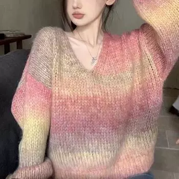 Женский ретро-пуловер с V-образным вырезом, цветной градиентный ленивый стиль, свободный вязаный свитер с длинным рукавом, модный и элегантный стиль S фиолетовый