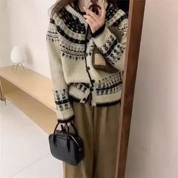 Женский ретро японский жаккардовый свитер с капюшоном - однобортный, свободный, ленивый стиль, вязаный кардиган на осень/зиму One Size покинуть белый