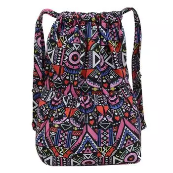 Женский ретро-рюкзак с цветочным принтом, большая вместимость, холщовый винтажный рюкзак с завязками, геометрические узоры, рюкзак для ежедневного использования на открытом воздухе синий