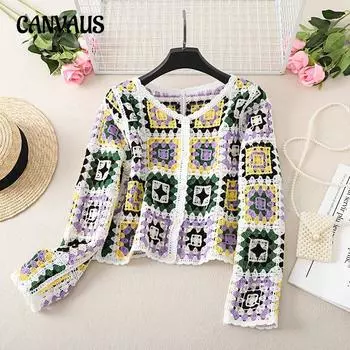 Женский ретро-шикарный вязаный крючком полый вязаный солнцезащитный кардиган с v-образным вырезом, летняя ленивая свободная блузка с длинными рукавами One Size белый