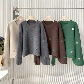 Женский ретро-свитер с цветочной вышивкой для осени и зимы, свободный и ленивый стиль, высококачественный корейский трикотаж one size зелёный