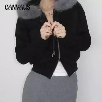 Женский ретро свободный однотонный утепленный кардиган с двойной молнией свитер осень-зима с капюшоном меховая куртка сращивания S чёрный