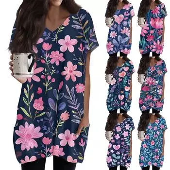 Женский ретро-топ с цветочным принтом и листьями, V-образным вырезом, карманом средней длины и коротким рукавом M розовый