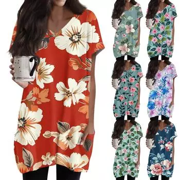 Женский ретро-топ с цветочным принтом и листьями, V-образным вырезом, карманом средней длины и коротким рукавом S тёмно-синий