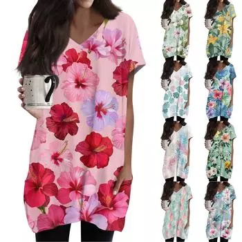 Женский ретро-топ с цветочным принтом и листьями, V-образным вырезом, карманом средней длины и коротким рукавом L