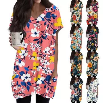 Женский ретро-топ с цветочным принтом и листьями, V-образным вырезом, карманом средней длины и коротким рукавом S тёмно-синий