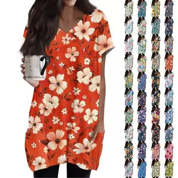 Женский ретро-топ с цветочным принтом и листьями, V-образным вырезом, карманом средней длины и коротким рукавом L красный