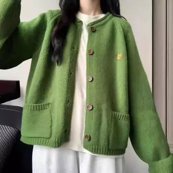 Женский ретро вязаный кардиган в стиле ленивой моды однобортный женский топ повседневный свободный вышитый женский свитер One size зелёный