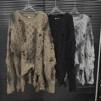 Женский ретро-вязаный свитер 2024 года с неровными отверстиями Medium коричневый