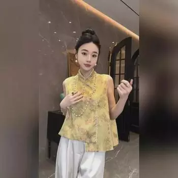 Женский ретро-жилет в стиле чонсам из жаккарда с воротником-стойкой 2024 года XXL жёлтый