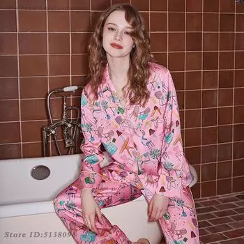 Женский роскошный пижамный комплект с принтом, милая мультяшная пижама, свободная повседневная домашняя одежда, весна-лето, ночная одежда с длинными рукавами, одежда для отдыха M