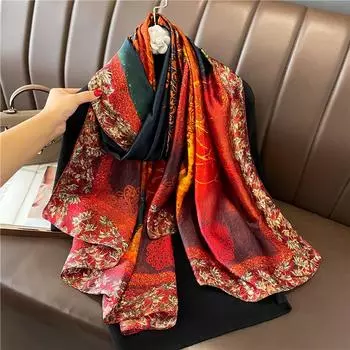 Женский Роскошный Шарф Цветочный Принт Шелковый Шарф Большого Размера Дорожная Шаль Мягкий Хиджаб Буфанда Фуляр Дизайнерский Варп Мода Солнцезащитный 180X90cm