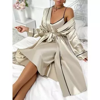 Женский роскошный шелковый пижамный комплект, халат с длинными рукавами, удобная свободная юбка-комбинация, женский пижамный комплект из двух предметов S