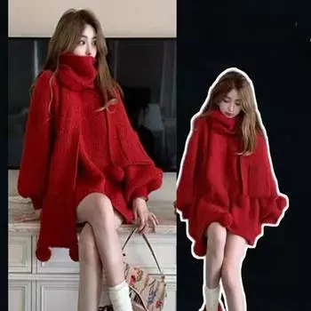 Женский рождественский красный свитер с шарфом, круглый вырез, свободный однотонный комплект из двух предметов, корейский женский пуловер, универсальный топ One Size красный