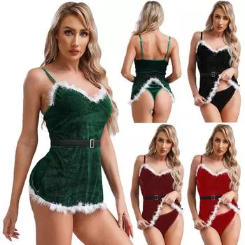 Женский рождественский нарядный корсет-бюстье, женское нижнее белье, бархатный костюм Санта-Клауса, рождественский сексуальный боди с глубоким V-образным вырезом и поясом S