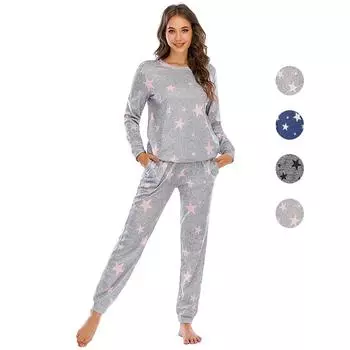 Женский рождественский пижамный комплект Bright Deer, топ с длинными рукавами и принтом звезд, однотонная женская пижама из 2 предметов, милая, уютная повседневная одежда для сна XXL синий