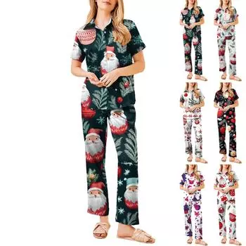 Женский рождественский пижамный комплект с принтом, женские короткие рукава, длинные брюки, комплект из двух предметов, застегивающийся на пуговицы, домашняя одежда XXL