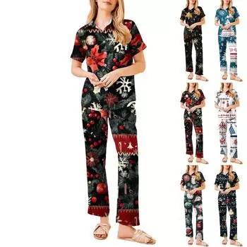 Женский рождественский пижамный комплект с принтом, женские короткие рукава, длинные брюки, комплект из двух предметов, застегивающийся на пуговицы, домашняя одежда XXL белый