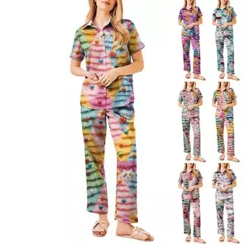 Женский рождественский пижамный комплект с принтом, женские короткие рукава, длинные брюки, комплект из двух предметов, застегивающийся на пуговицы, домашняя одежда XXL белый