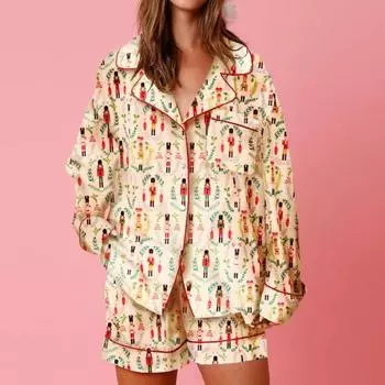 Женский рождественский пижамный комплект с шортами, Санта, красочный принт, Щелкунчик, пижама с длинным рукавом, рубашка, шорты, 2 предмета, праздничная домашняя одежда S