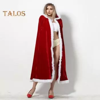 Женский рождественский плащ с пушистым краем, соответствующий цвету, с капюшоном, костюм Санты для косплея на новый год, праздничное пончо красный