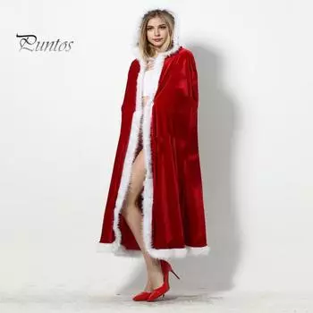 Женский рождественский плащ с пушистым краем, соответствующий цвету, с капюшоном, костюм Санты для косплея на новый год, праздничное пончо красный