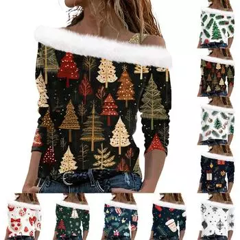 Женский рождественский принт с длинными рукавами из твила, пуловер с воротником, топ с длинными рукавами M