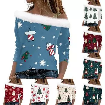 Женский рождественский принт с длинными рукавами из твила, пуловер с воротником, топ с длинными рукавами L