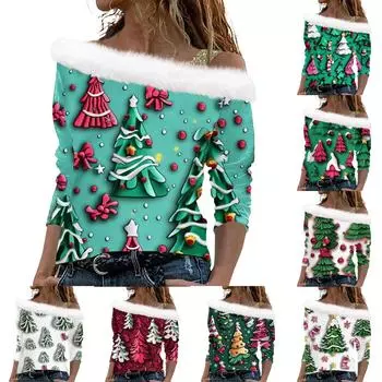 Женский рождественский принт с длинными рукавами из твила, пуловер с воротником, топ с длинными рукавами M
