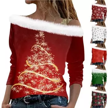 Женский рождественский принт с длинными рукавами из твила и воротником-пуловером L