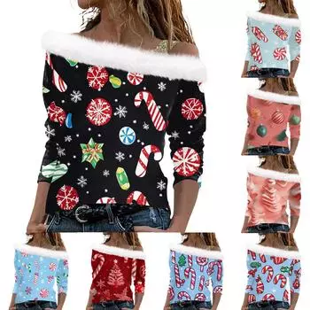 Женский рождественский принт с длинными рукавами из твила, пуловер с воротником, топ с длинными рукавами XXL