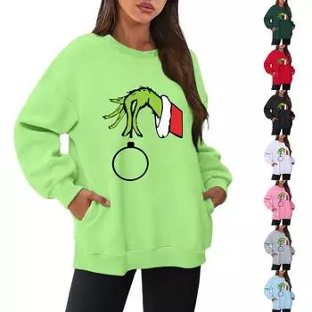 Женский рождественский принт свитер круглый вырез с заниженной талией карман длинный рукав рубашка XXL серый