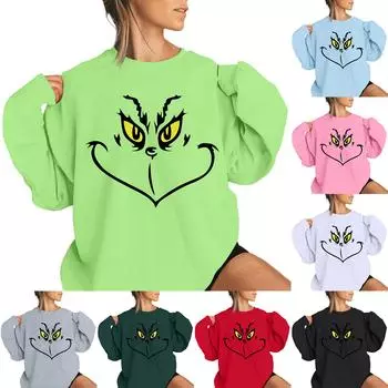 Женский рождественский принт свитер круглый вырез с заниженной талией карман длинный рукав рубашка S чёрный