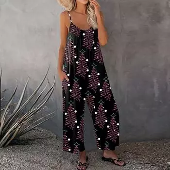 Женский рождественский принтованный комбинезон, свободный, с регулируемыми подтяжками L чёрный