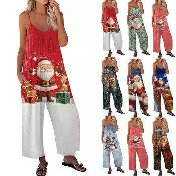 Женский рождественский принтованный комбинезон, свободный, с регулируемыми подтяжками M
