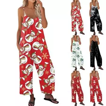 Женский рождественский принтованный комбинезон, свободный, с регулируемыми подтяжками L чёрный