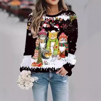 Женский рождественский пуловер с круглым вырезом и длинными рукавами, свободная и модная толстовка с капюшоном Пуловеры и длинные рукава (Женский) S белый