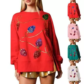 Женский рождественский пуловер с круглым вырезом, расшитый пайетками, с длинными рукавами и свободным капюшоном L зелёный