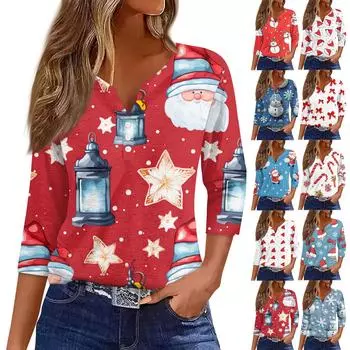 Женский рождественский снеговик с принтом елки, V-образным вырезом, повседневный топ на пуговицах с рукавами 3/4 M