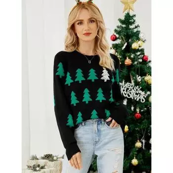 Женский рождественский свитер, пуловер с длинными рукавами, рождественская елка, узор снежинки, рождественский вязаный свитер с круглым вырезом, топ S чёрный