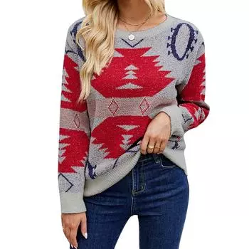 Женский рождественский свитер-пуловер с круглым вырезом, длинным рукавом, свободный крой, цветной трикотажный топ, серый XL XL серый