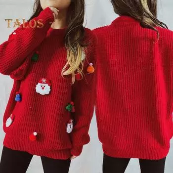 Женский рождественский свитер с рождественской шапкой Санта-Клауса, свободный крой, трикотажные топы с круглым вырезом и длинным рукавом, осенне-зимний свитер S красный